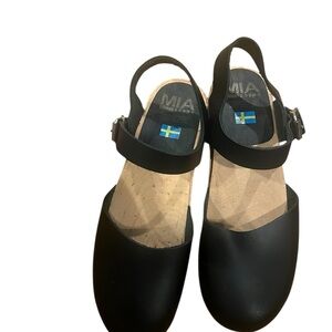 MIA Swedish Wooden Clogs Black Leather Mary Jane Made in Sweden EU 39 NEW